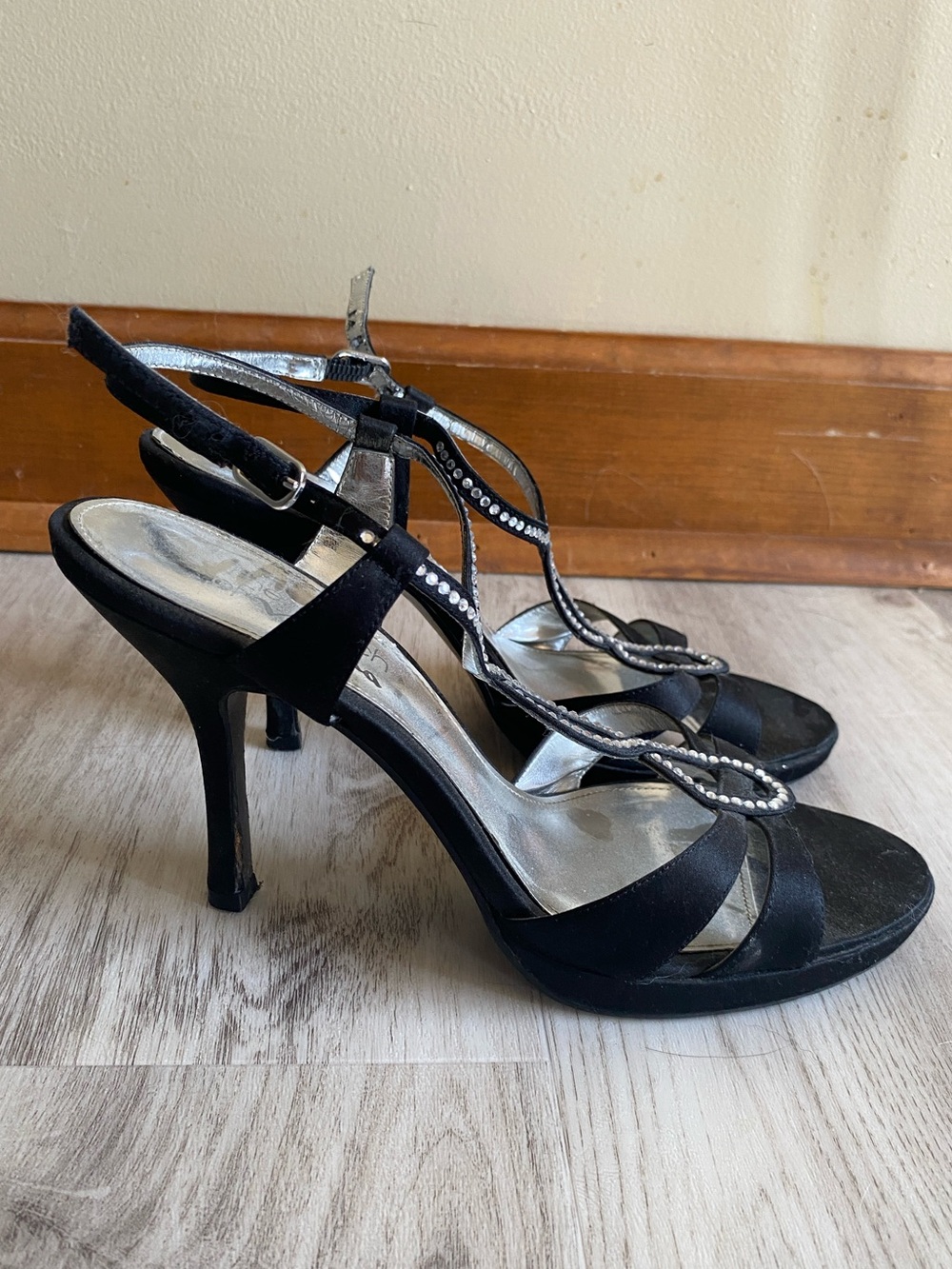 Black Rhinestone T-Strap High Heel Sandals